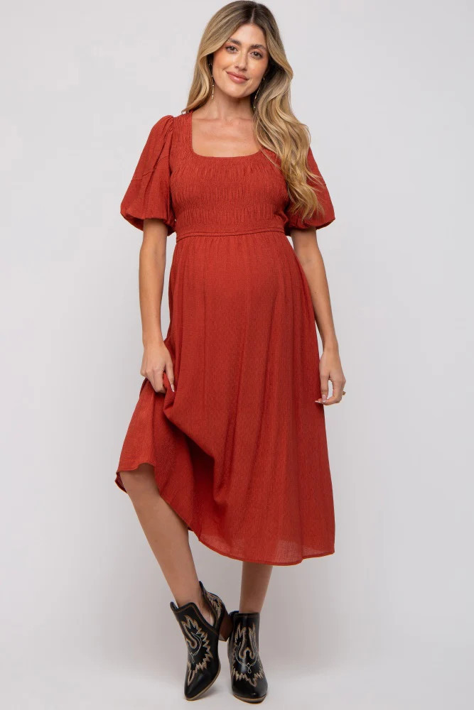 Rust Square Neck Maternity Midi Dress | PinkBlush Maternity