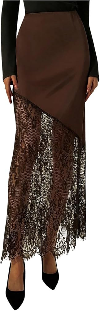 SHENHE Women's Lace Patchwork Satin Long Skirts Elegant High Waisted Ruffle Coquette Party Boho S... | Amazon (US)