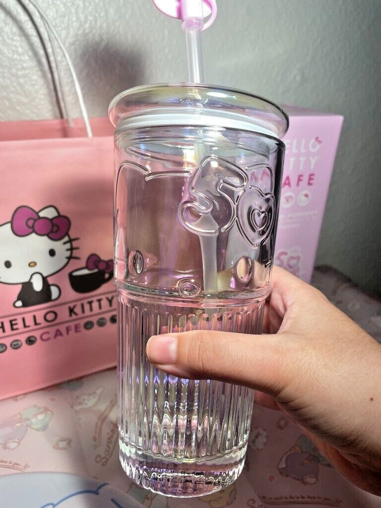 **Free Gift Bag**Hello Kitty Cafe 50th Anniversary Glass Tumbler Cup NEW IN BOX  | eBay | eBay US