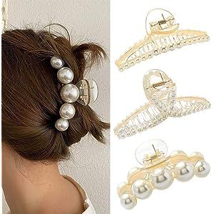 Amazon.com : Woeoe French Pearl Hair Claw White Large Plastic Banana Clips Hair Claw Clips Thick ... | Amazon (US)