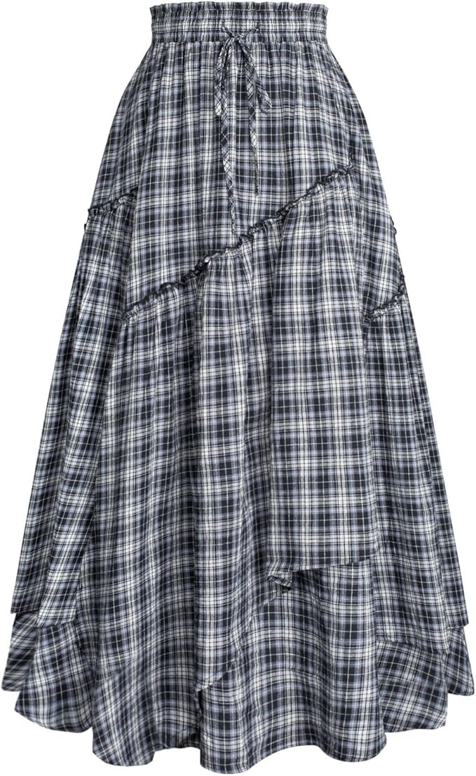 Scarlet Darkness Women Plaid Skirt High Waist A Line Tiered Long Skirt with Pockets | Amazon (US)