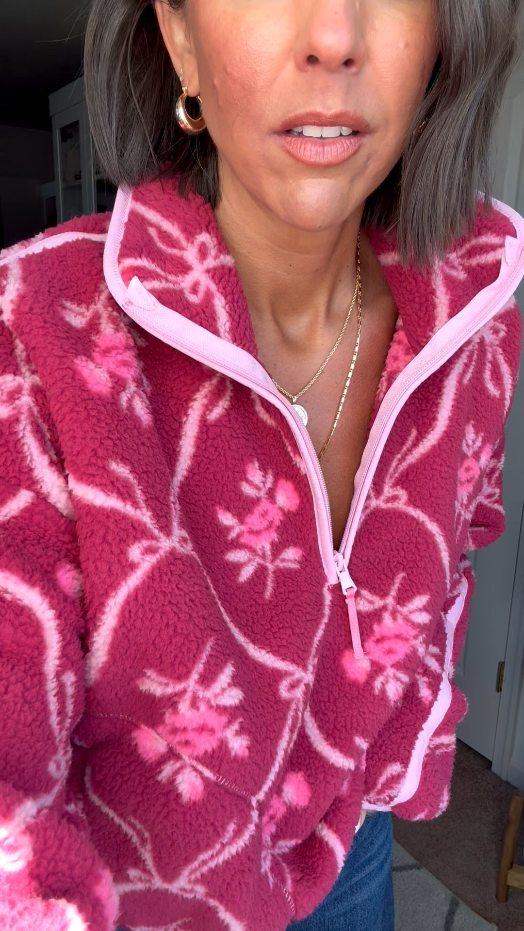 Old Navy fleece 50% off!! Sized up one to a medium for this fit 
Size 26 in jeans 

#LTKSeasonal #LTKSaleAlert #LTKValentine