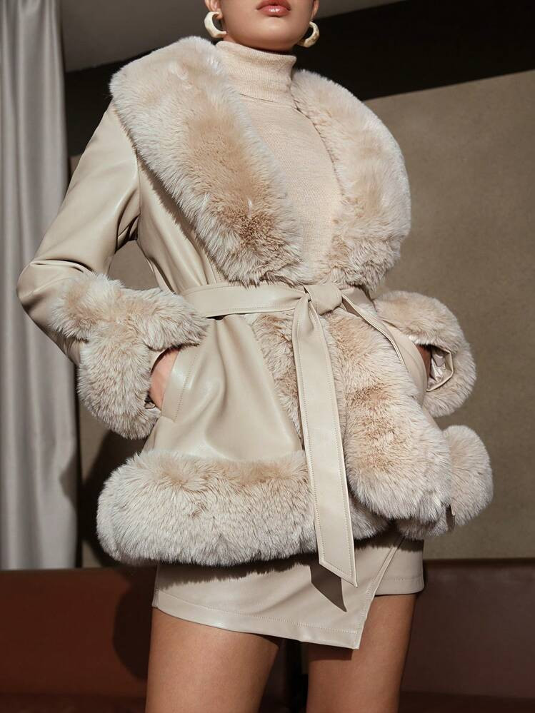 Anewsta Fuzzy Collar Belted Coat | SHEIN