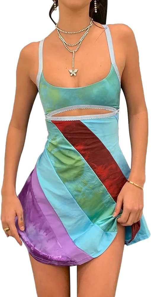 Sexy Halter Neck Bodycon Dress for Women Y2K Vintage Floral Mini Dress V Neck Backless Short Dress E | Amazon (US)