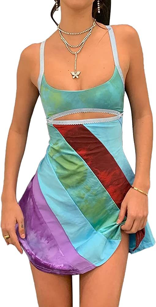 Vintage Cami Dress for Women 2000s Retro Bodycon Mini Dresses Y2K Fashion Colorful Striped Print Fit | Amazon (US)