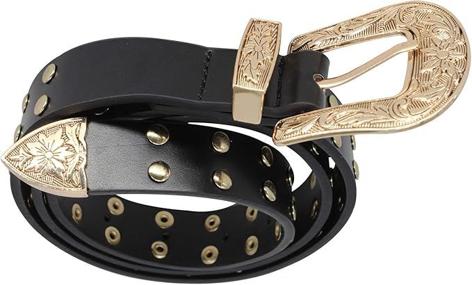 WedDecor Black Western Belt Golden Metal Vintage Buckle Carved PU Leather Strap Gold Rivet Studde... | Amazon (UK)