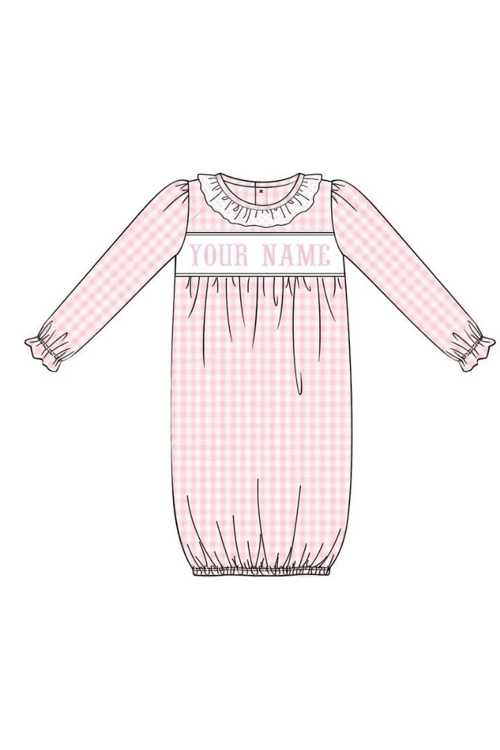 Pre-Order Hand Smocked Custom Name Pink Layette Gown | The Smocked Flamingo