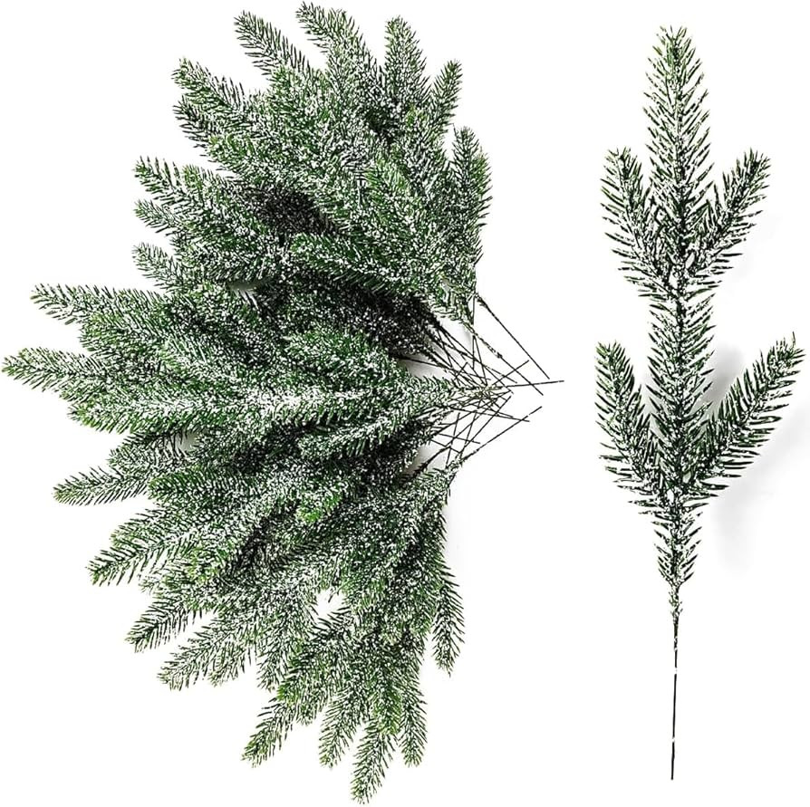 TIHOOD 38PCS 11.8” Snow Frosted Artificial Pine Branches Christmas Snowy Pine Needles Fake Gree... | Amazon (US)