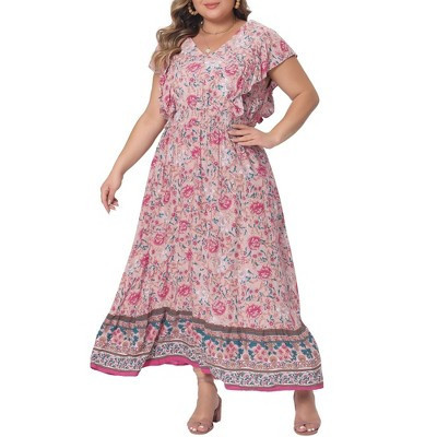 Women's Plus Size Floral V Neck Ruffle Sleeve Beach Casual Boho Maxi A Line Dresses - Agnes Orinda 4X Pink | Target