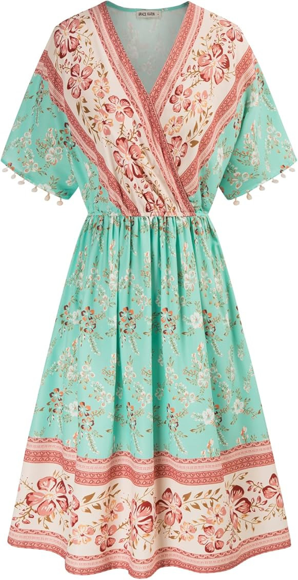 Women's Summer Wrap V Neck Boho Floral Swing Flowy A Line Beach Dress Mint S | Amazon (US)