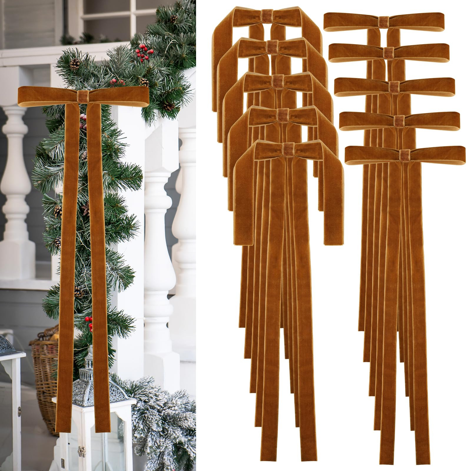 10PCS Khaki Velvet Bows for Christmas Tree, Long Bow Ornaments for Christmas Tree Wreath Door Gar... | Amazon (US)