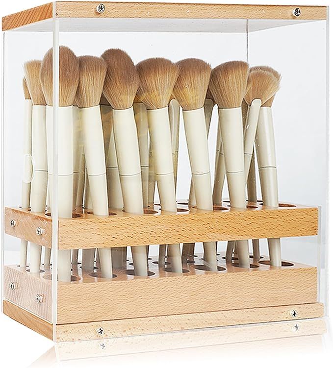 Wood Makeup Brush Holder Organizer with Cover 29 Holes Beauty Cosmetic Brush Display Stand with T... | Amazon (US)
