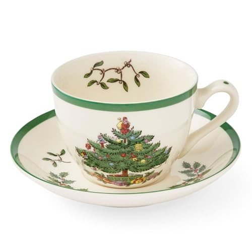 Spode Christmas Tree Teacup & Saucer Set - 7 Oz Earthenware Cup for Tea, Coffee, Cappuccino, Espresso - Holly & Mistletoe Holiday Accents - Holiday Collection Design for Gifting | Amazon (US)