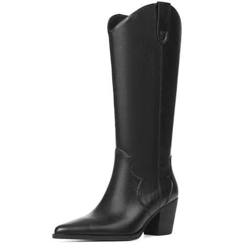 femflame Cowboy Boots for Women Cowgirl Boots Pointed Toe Western Boots Womens Black Comfortable Wide Calf Chunky Heel Knee High Boots | Amazon (US)