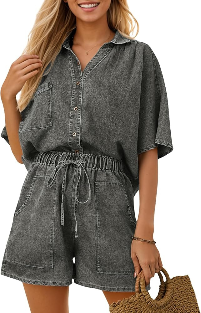 Zilcremo Womens 2 Piece Outfits Summer Denim Sets Short Sleeve Button Down Crop Jean Shirts High ... | Amazon (US)