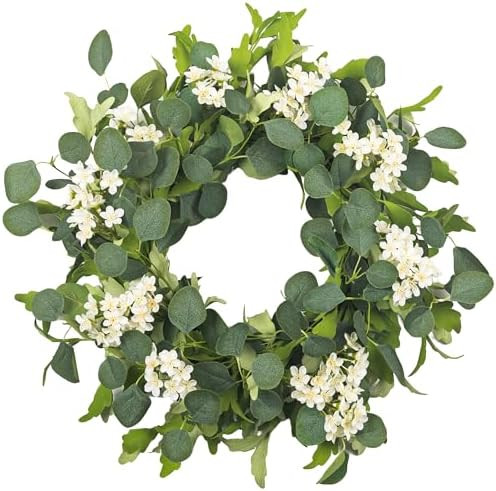 24’’ Spring Wreaths for Front Door - Artificial Green Eucalyptus with White Cherry Blossom, D... | Amazon (US)