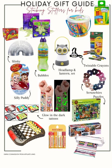Stocking stuffers for kids!

Slinky, bubbles, nightlight, glow-in-the-dark stars, chess game, Chapstick, silly putty, crayons, markers, puzzle,

#LTKfamily #LTKGiftGuide #LTKkids