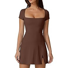 QINSEN Womens Square Neck Tennis Dress Short Sleeve Built in Shorts Golf Athletic Dress with Pock... | Amazon (US)