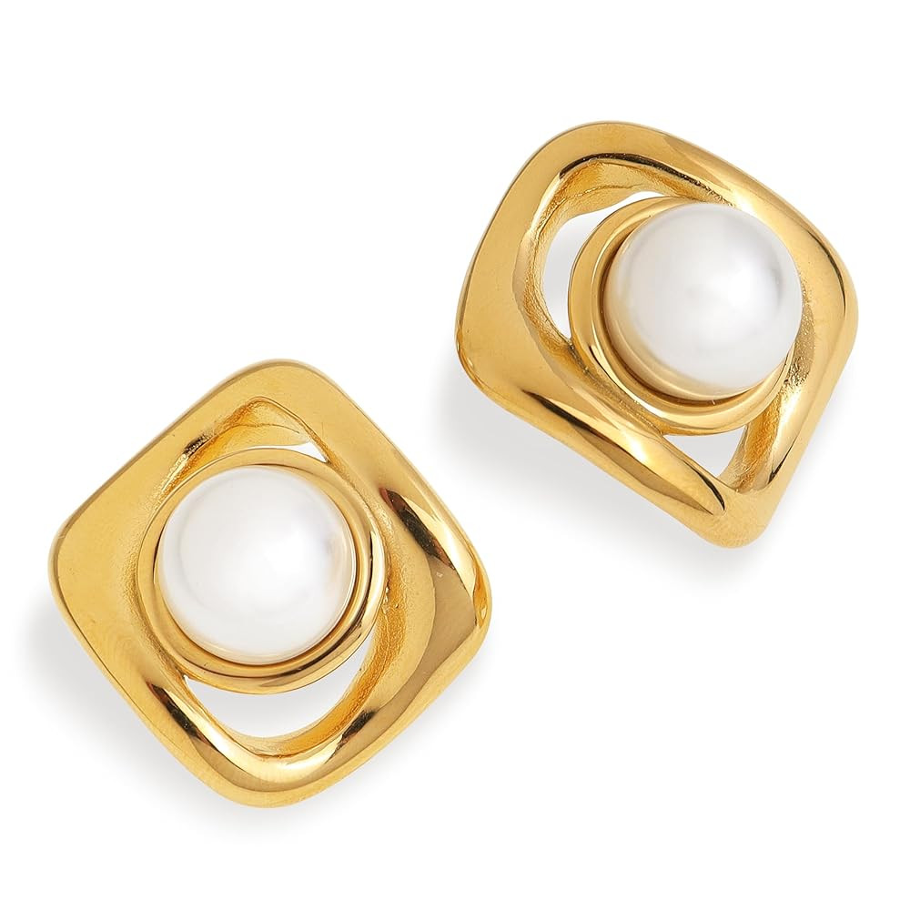 Gold Silver Geometric Pearl Bow Stud Earrings for Women, Valentines Day Trendy Textured Ball Hear... | Amazon (US)