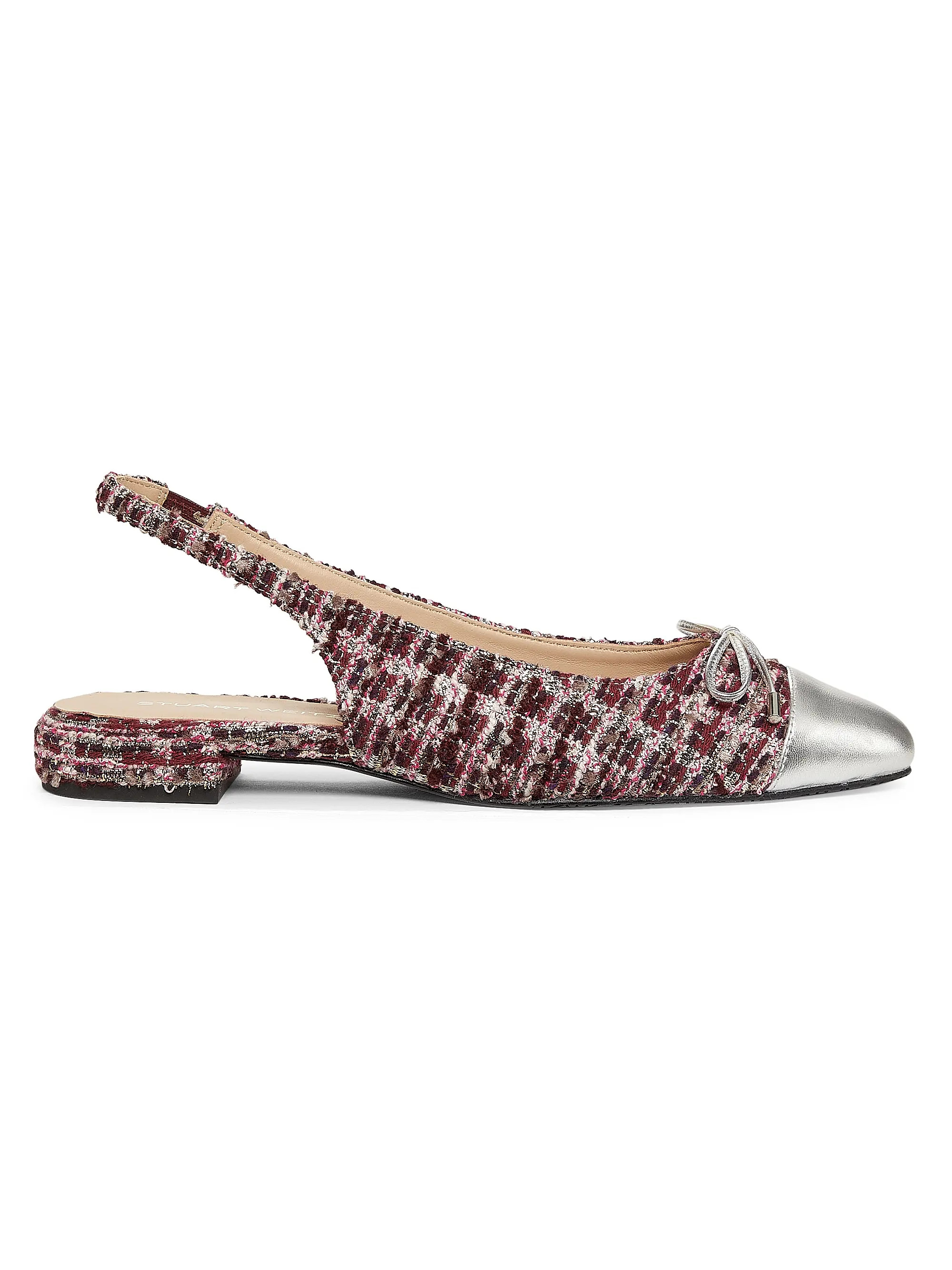 Shop Stuart Weitzman Sleek Bow Sparkle Tweed Slingback Flats | Saks Fifth Avenue | Saks Fifth Avenue