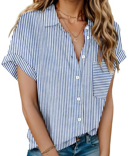 HOTOUCH Striped Linen Shirts for Women Cotton Button Down Shirt Short Sleeve Loose Fit Collared Cotton Casual Work Blouse Tops | Amazon (US)
