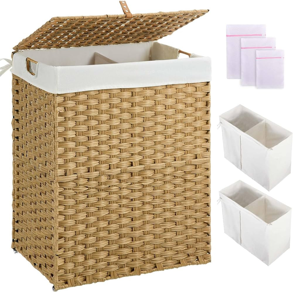 Greenstell Laundry Hamper with lid, No Install Needed, 110L Wicker Laundry Baskets Foldable 2 Rem... | Amazon (US)