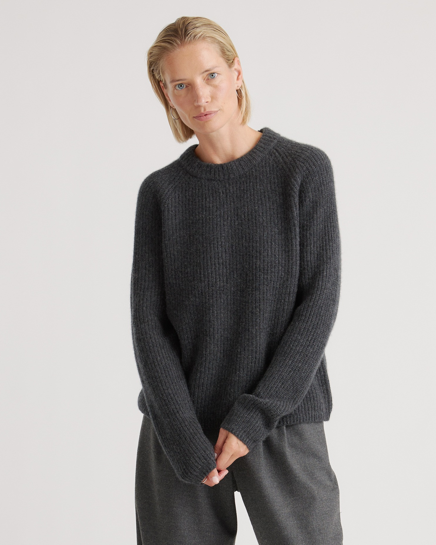 Quince | Women's Mongolian Cashmere Fisherman Crewneck Sweater in Charcoal, Size Medium | Quince