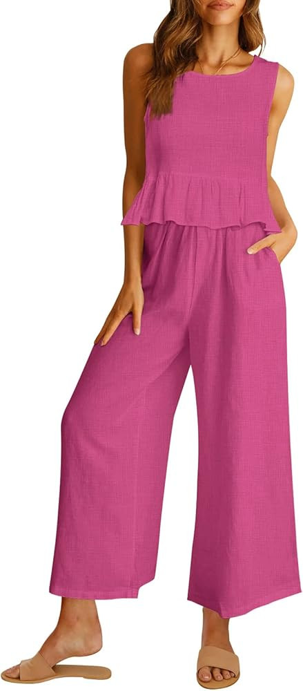 AUTOMET Womens Summer 2 Piece Outfits Linen Crop Tank Tops Lounge Matching Sets & Long Track Pant... | Amazon (US)