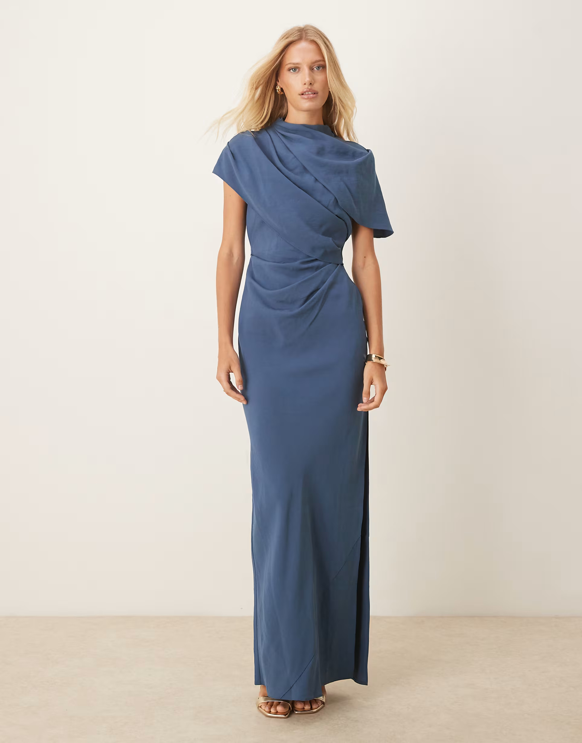 ASOS DESIGN high neck drape bodice cape maxi dress in slate blue | ASOS (Global)