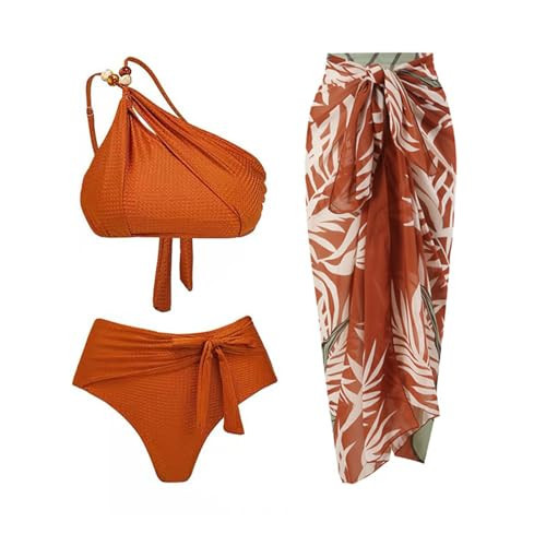 IDOPIP Women's Two Piece Swimsuit with Cover up Beach Skirt Floral Printed Swimsuit Bathing Suit Ruffle Monokini Swimwear Wrap Sarong Coverups 3 Pieces Bikini Set Beachwear Orange Brown 3PCS XL | Amazon (US)