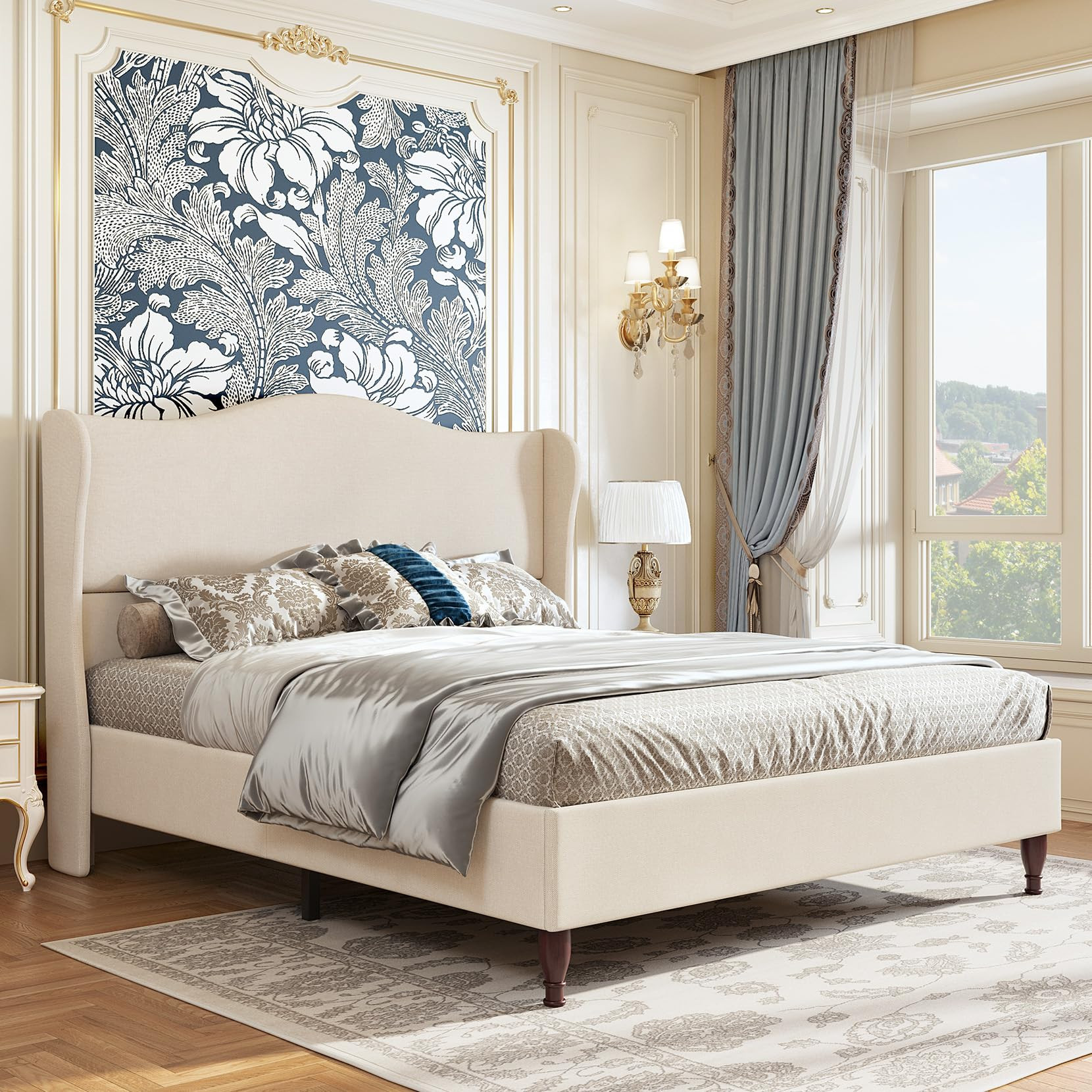 Queen Size Bed Frame Upholstered Platform Bed with 51" Tall Headboard Wingback, Soft Fabric, Retro Simple Style Platform Bed No Box Spring Needed, Easy Assembly, Beige | Amazon (US)