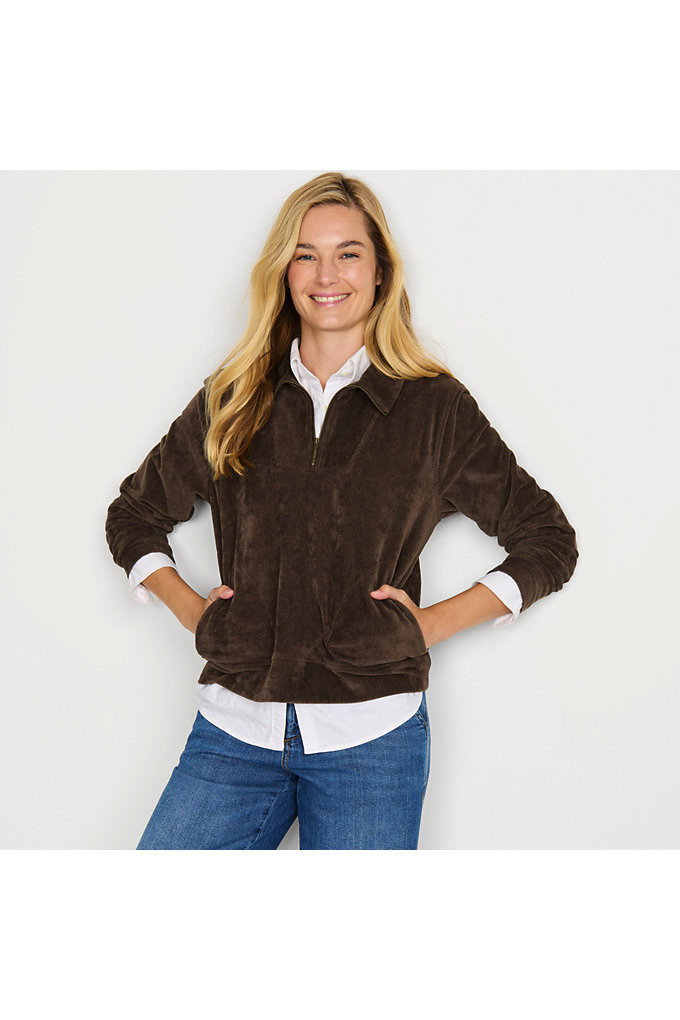 Women's Long Sleeve Sport Cord Quarter Zip Pullover - Lands' End - Brown - S | Lands' End (US)