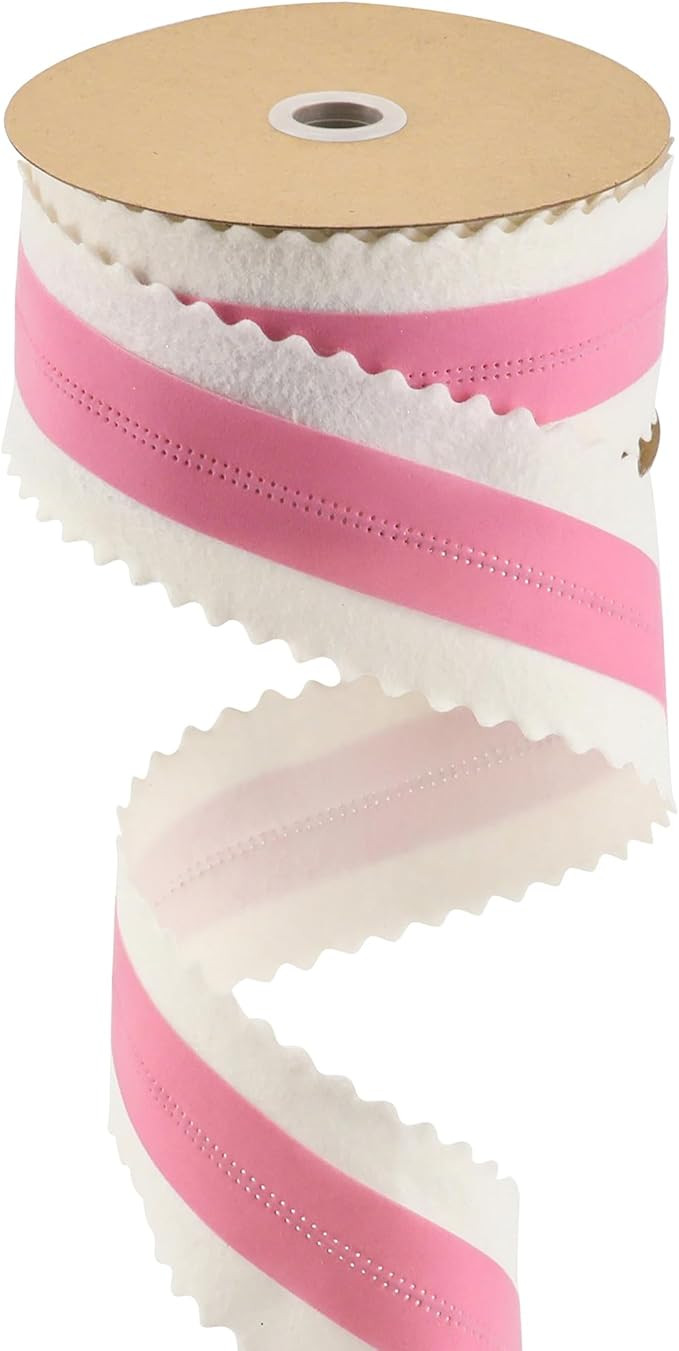 MEEDEE Christmas Felt Ribbon 2.5 Inch Wired Felt Ribbon 10 Yards White Felt with Pink Velvet Midd... | Amazon (US)