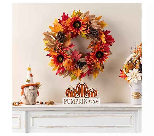 Glitzhome 24"D Fall Harvest Sunflower, Pinecone& Berry Wreath - QVC.com | QVC