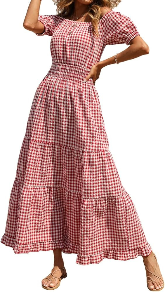 BTFBM Women Casual Short Sleeve Plaid Maxi Dresses Off Shoulder Vintage Dress Square Neck Gingham... | Amazon (US)