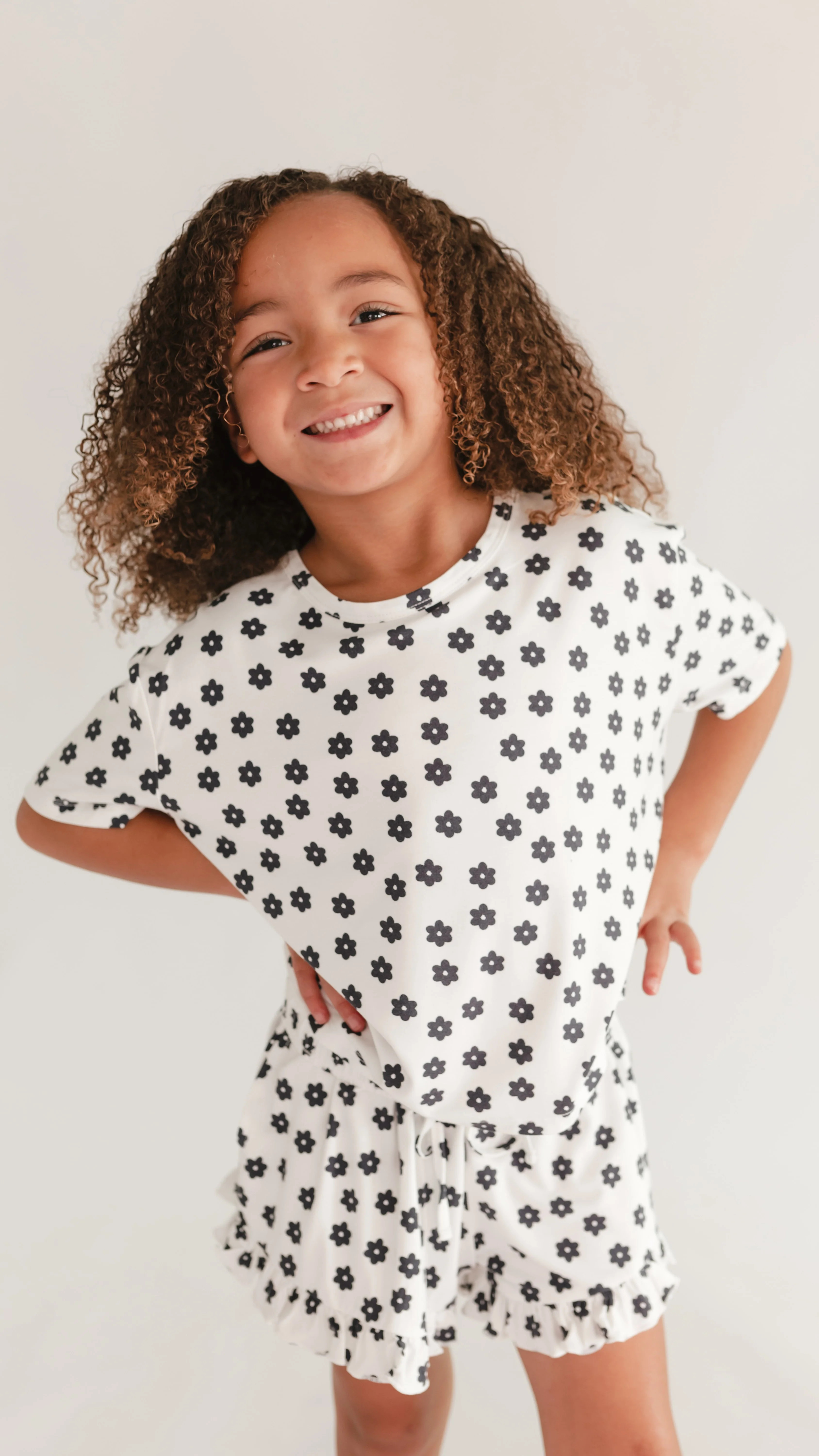Girls Ruffle Short Set in Black & White Flower | Silks Design