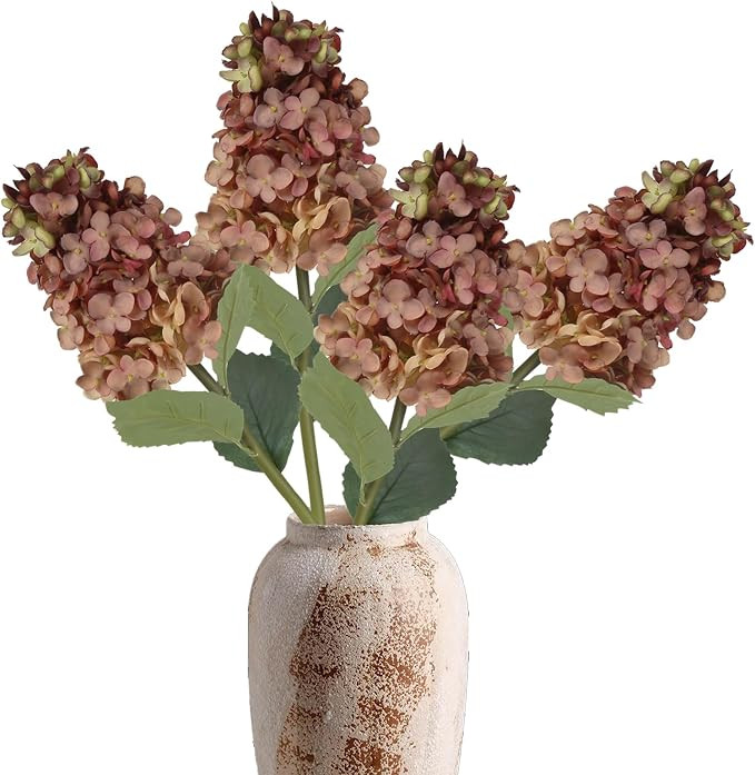 4PCS Brown Dried Hydrangea Artificial Flowers 24” Faux Silk Fall Flowers | Amazon (US)