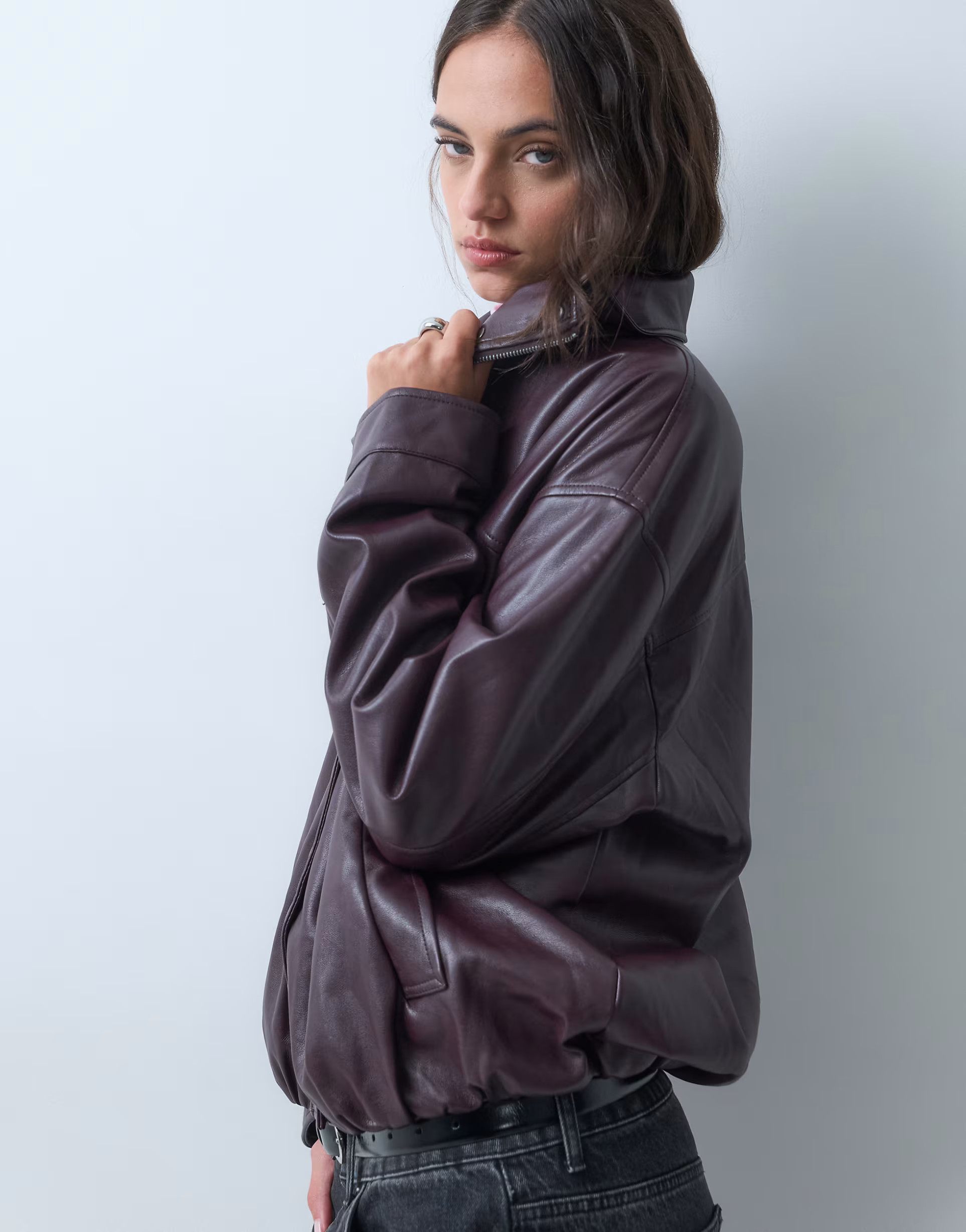 ASOS DESIGN leather look funnel neck bomber jacket in chocolate plum | ASOS (Global)