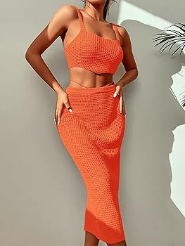 SheIn Women's Knitted Cover Up Set Two Pieces Sleeveless Tank Crop Top and Split Tie Back High Wa... | Amazon (US)