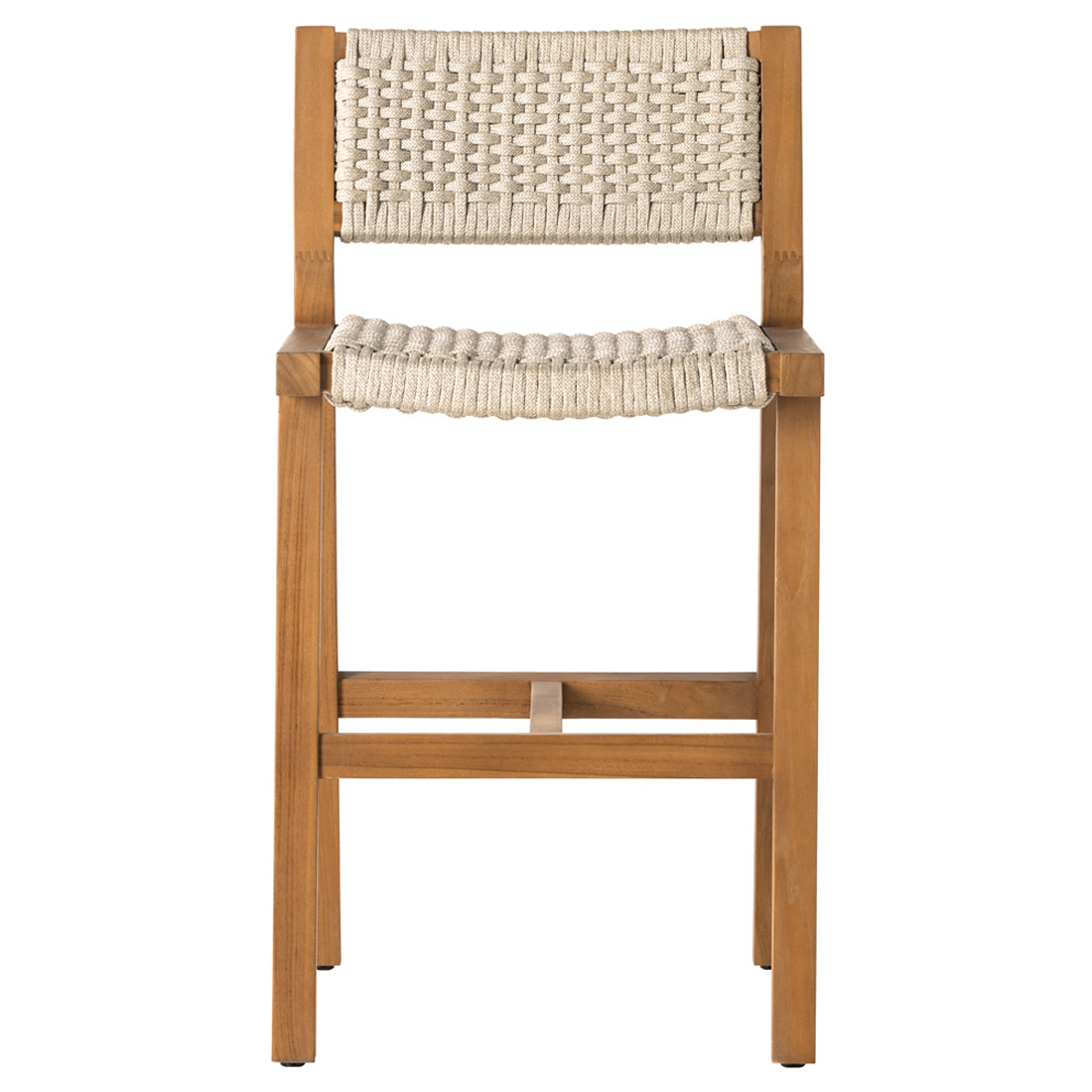 Dion Coastal Beach Light Brown Woven Rope Natural Teak Wood Outdoor Counter Stool | Kathy Kuo Home