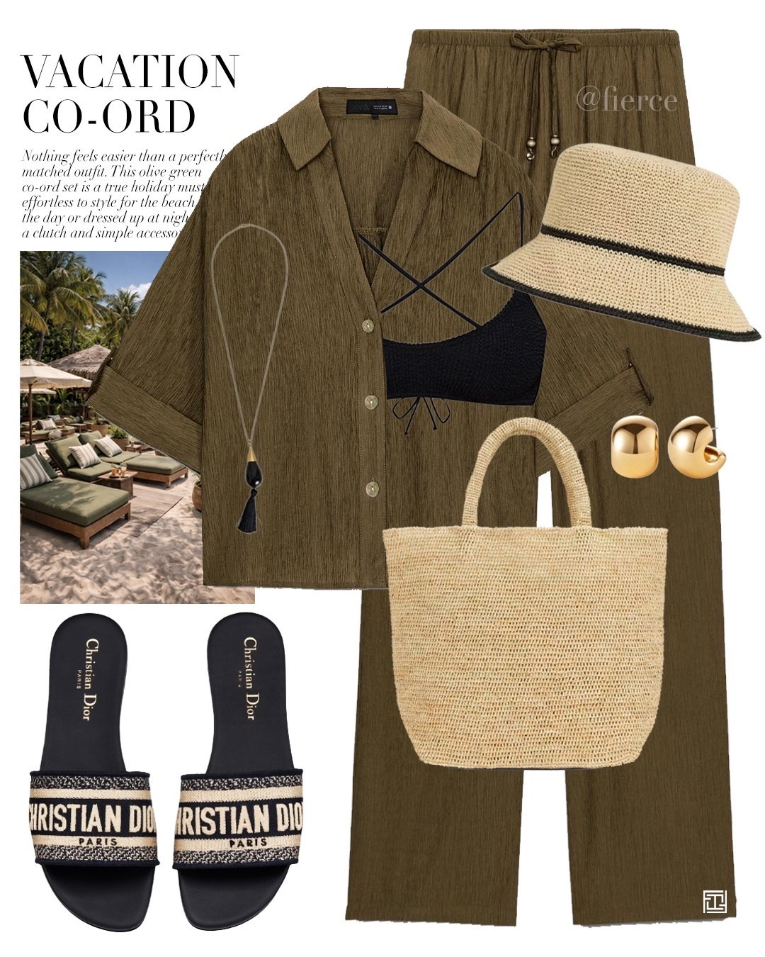 Green co-ord set raffia tote bag raffia bucket hat black bikini bralette Dior dway slides resort wear beach holiday outfit 

#LTKuk #LTKswimwear #LTKtravel