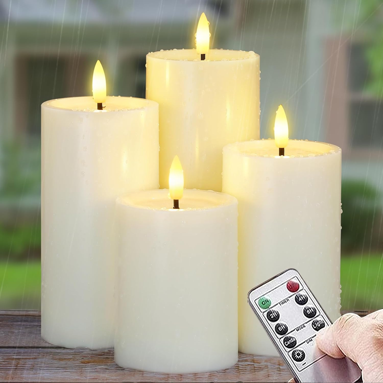 Outdoor 4pcs Flameless Waterproof Candles with Handy Remote Control, Cycle Timer Battery Operated Candle Grease Effect LED Flickering Pillar Plastic Long Lasting (Ivory, 3" x4" 5" 6" 7") | Amazon (US)