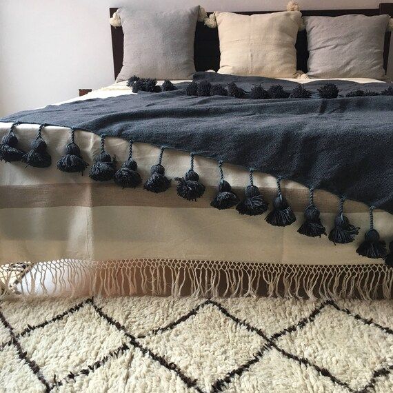 Moroccan Pom Pom Dark Gray Cotton Blanket and throw with braided tassels loomed by hand  for Ecle... | Etsy (US)