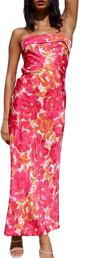 Realtix Satin Silk Backless Tube Tops Maxi Dress for Women Low Back Hollow Out Elegant Strapless ... | Amazon (US)