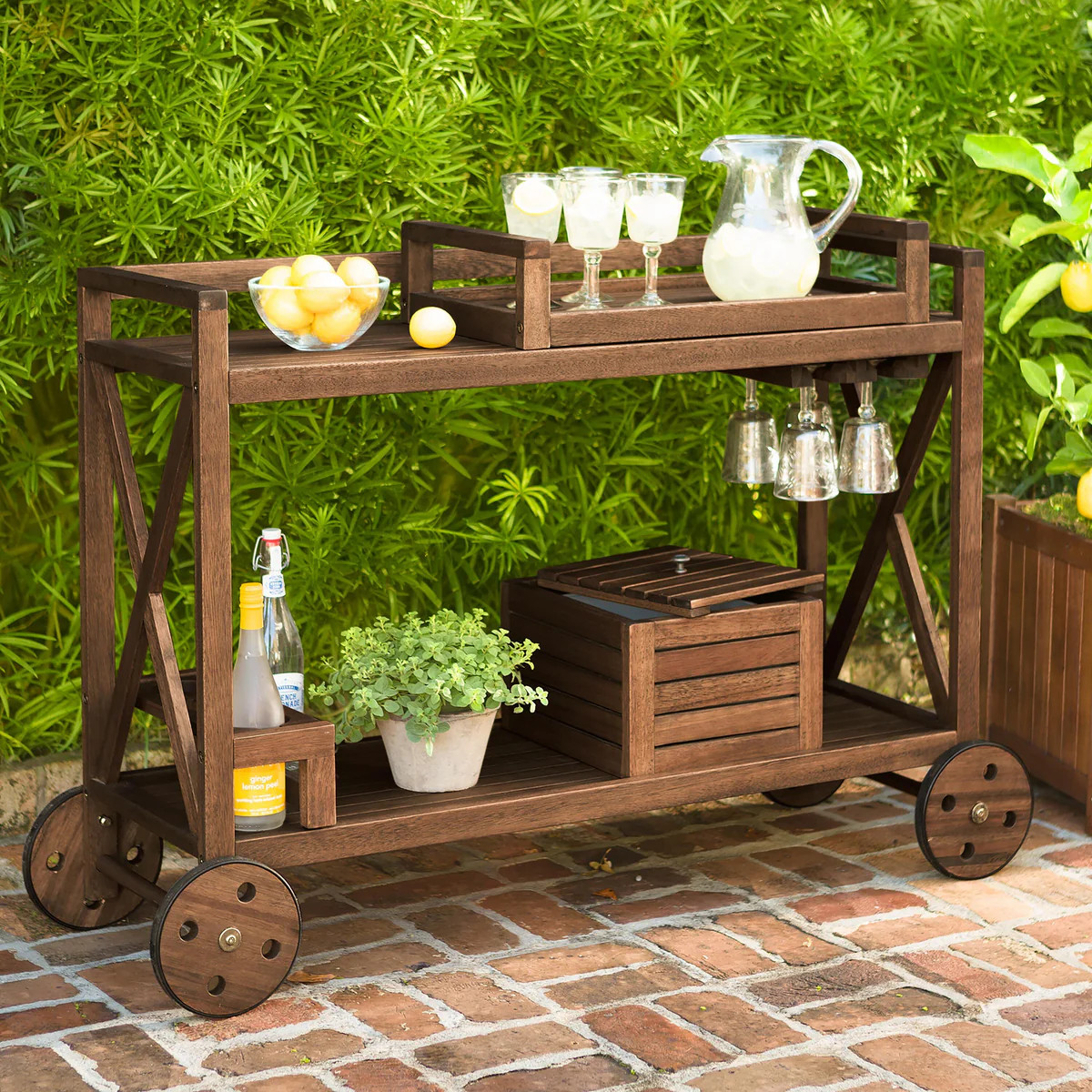 Claremont Eucalyptus Rolling Outdoor Bar Cart | Plow & Hearth | Plow & Hearth
