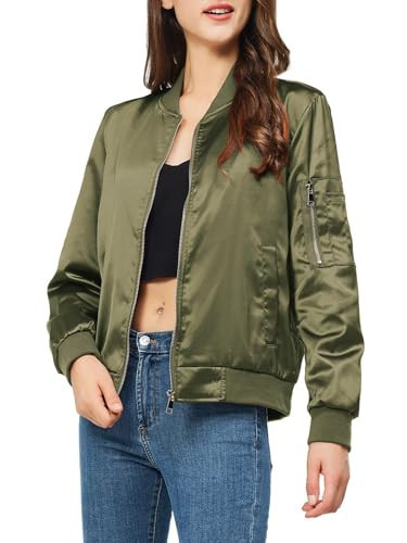 Rasujie Satin Bomber Jacket Women Zip Up Varsity Jacket Fall Windbreaker Outerwear with Pockets Pure Green Large | Amazon (US)