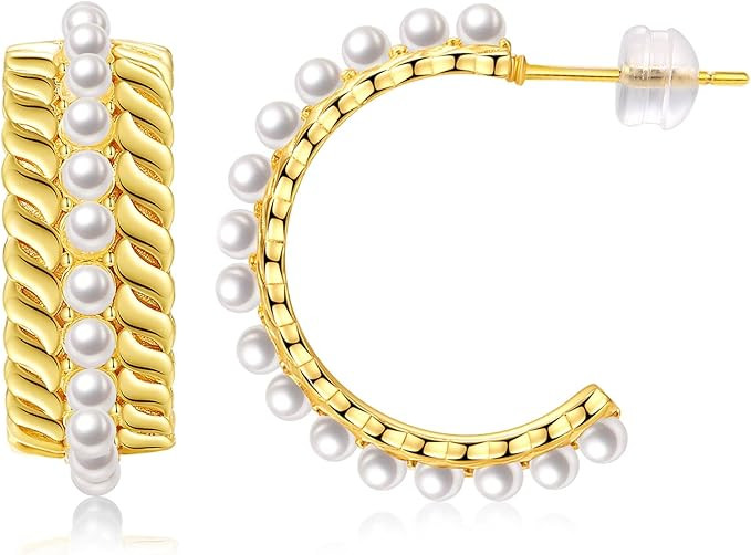 Pearl Hoop Earrings for Women Small Pearl Hoop Earrings 14K Gold Plated Lightweight Open Large Ci... | Amazon (US)