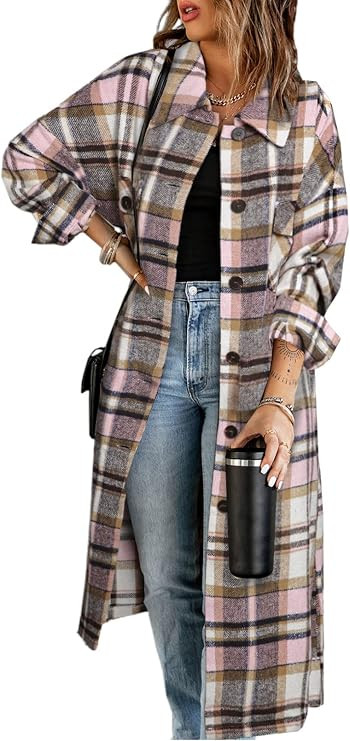 SHEWIN Women's Casual Lapel Button Down Long Plaid Shirts Coat Tartan Shacket Jacket | Amazon (US)