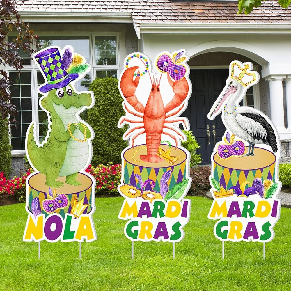 3 Pcs 32 Inch Mardi Gras Decor Plastic Yard Sign with Stakes Alligator Crawfish Pelican Mardi Gra... | Amazon (US)