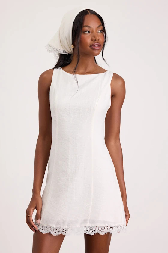 Avryll White Lace Boat Neck Mini Dress and Scarf Set | Lulus